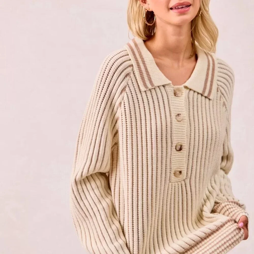 BiBi Half Button Ribbed Two Tone Sweater - Picture 8 of 16